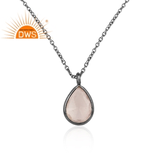 Rose Quartz Gemstone Pendant Necklace Black Rhodium Plated 925 Silver Chain Necklace Jewelry Manufacturer Suppliers - Product Image 2