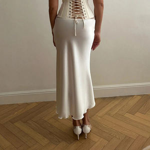 Elegant Satin Midi <b>Skirt</b> with Lace Panel-Classic A-Line <b>for</b> Women Natural Waist Breathable <b>Summer</b> Washable - Product Image 3