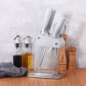 Nouvel ensemble de couteaux de cuisine en acier inoxydable 6 pièces, manche creux, ciseaux de chef Santoku, support en acrylique inclus - Product Image 5