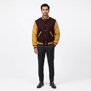 Custom Made Premium Men's Varsity Jacket with Genuine <b>Leather</b> Stand Collar Covered Buttons Custom Embroidery Winter Ready - Product Image 1
