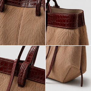 Factory Wholesale Women Genuine Leather <strong>Fur</strong> Tote Handbag <strong>Croc</strong> Embossed Shoulder Bag Fashion Work Purse Private Label OEM/ODM - Product Image 3