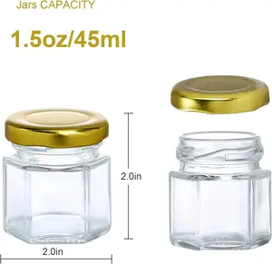 Toptan benzersiz 45ml parti iyilik parti iyilik bal kavanozu Mini Hexagons cam bal kavanozu bal kavanozu Metal kapak ve ahşap kepçe ile