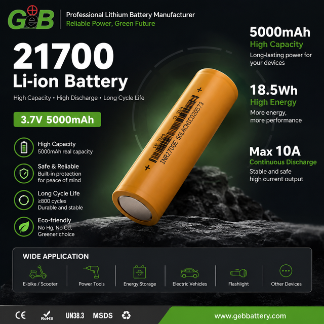 3.7V 5000mAh 21700 Rechargeable Cylindrical Lithium Ion Battery Cell High Capacity Li-ion Battery for E-Bike Power Tools