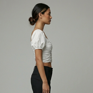 Vietnam Manufacturer Women's White Ruched Crop Blouse Square Neck <b>Balloon</b> Sleeve Short Sleeve Solid Cotton - Product Image 3