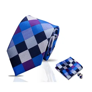Fashion Tie Handkerchief Gift Silk Tie Pocket Squares Cufflink Set Necktie Man Blue Dot Wedding Accessories Day Gravatas Set