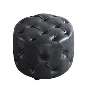 현대 홈 가구 나무 의자 의자 Pouf 라운드 좌석 발판 Tufted 블랙 가죽 오스만