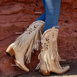Botas de vaquero occidentales para mujer Elegantes botas de borla de piel sintética de tacón grueso con punta en pico a media pantorrilla para <span class=keywords><strong>la</strong></span> vaquera moderna - Product Image 5
