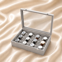Boîte de présentation de luxe en velours gris pour montres et bijoux, organisateur de rangement à 12 compartiments avec couvercle en verre transparent