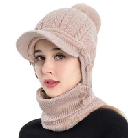 Bonnet tricoté torsadé pour femme avec masque facial amovible et cache-cou, bonnet d'hiver à pompon avec visière