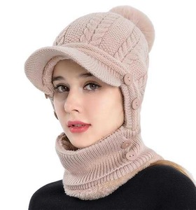 Bonnet tricoté torsadé pour femme avec <span class=keywords><strong>masque</strong></span> facial amovible et cache-cou, bonnet d'hiver à pompon avec visière - Product Image 5