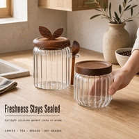 Bocaux de rangement en verre borosilicate en gros, plusieurs tailles, avec couvercle en bambou côtelé, hermétiques, pour cuisine, café et bonbons