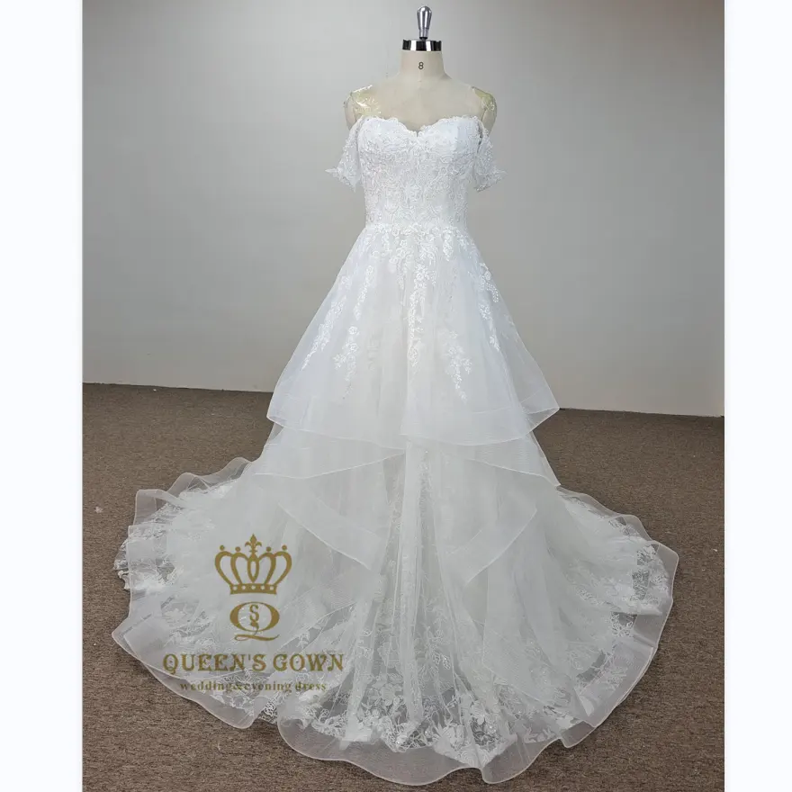 QUEENS GOWN puff ruffles organza A-Line off-shoulder lace elegant bridal dress