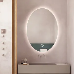 Cermin Rias Kamar Mandi, Cermin Backlit Oval POP dengan Lampu Musik/Panggilan/Waktu/Suhu untuk Rumah/Hotel/Villa