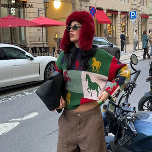 Suéter Jacquard Personalizado para Mujer, Diseño de Bloques de Color con Patrón de Caballo, Suéter Holgado de Punto - Product Image 3