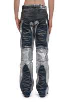 Pakaian Jalanan Pria Berkualitas Tinggi Ramah Lingkungan Gaya Y2K High Street Utility Biru Tua Cuci Batik Print Panel Patch Denim