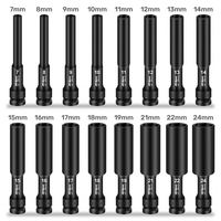 1 pièce Douilles hexagonales profondes à chocs métriques Cr-V, entraînement 1/2 pouce, tailles 7-24 mm, 128 mm de long, à paroi mince, revêtement oxyde noir, pour OEM et réparation automobile DIY