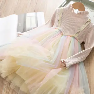 Las niñas vestido de arco iris 2019 otoño e invierno Bebé suéter de moda vestido de princesa Linda vestido de tul Patchwork ropa de los niños