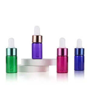 Botellas de suero de aceite esencial, gotero de vidrio vacío para embalaje cosmético, color azul, morado, verde y rojo, 3ml