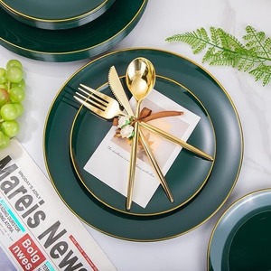 Services de vaisselle jetables en plastique <span class=keywords><strong>vert</strong></span> avec bord doré, assiettes peintes à la <span class=keywords><strong>main</strong></span> anti-fuite pour mariages et fêtes - Product Image 3