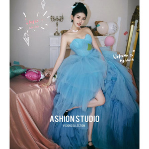 Strapless Blue Tulle Ball Gown Wedding Dress Princess Waistline Indoor Photography Clothing Candy Color Women's Dress - Product Image 1