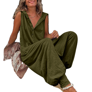 Combinaison en coton mélangé pour femmes sans manches <span class=keywords><strong>couleur</strong></span> unie à capuche combishort fermeture à boutons taille haute coupe ample décontracté respirant pour - Product Image 2
