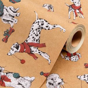 Rollo de papel de regalo navideño Kraft de 17 pulgadas x 32,8 pies con diseño de perro dámileno, papel marrón para envolver regalos navideños - Product Image 1