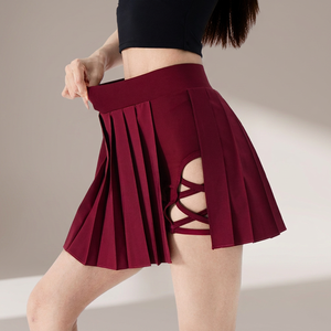 Unisex Maroon Pleated Skort Regular Fit Elastic Waist Solid Color All Seasons Sportwear Front Logo Anti-Bacterial Breathable - Product Image 2