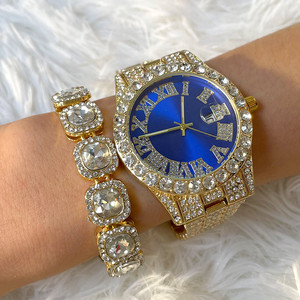 Set 3 in 1 Orologio Iced Out con Diamanti e Bracciale per <span class=keywords><strong>Uomo</strong></span> Orologi da Polso Dorati Set di Gioielli - Product Image 3