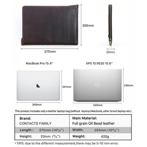 ヴィンテージフルグレイン牛革製ラップトップケース 15インチMacBook Pro用 ジッパーハンドストラップ付き コンピュータースリーブ 耐衝撃ノートブックインナーカバー - Product Image 4
