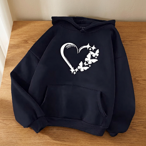 Sudadera con Capucha Negra Unisex, Estampado de Corazón y Mariposa, Estilo Holgado Informal, Tejido de Algodón, Ropa de Otoño - Product Image 3