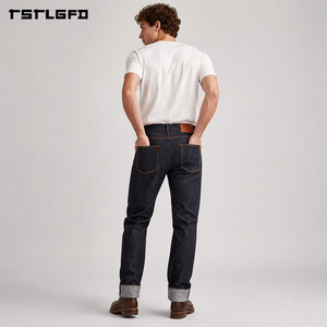 Jeans de mezclilla japonesa selvedge de 14 oz, corte y confección, índigo oscuro premium, denim crudo, corte recto ajustado, con dobladillo cosido con hilo dorado. - Product Image 5