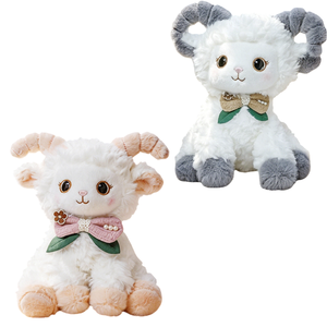 Par de Cabras de Peluche con Cuernos Rizados en Dos Estilos, Lazo de <span class=keywords><strong>Lino</strong></span> Rosa y Diseño de Cuernos Curvos Grises, Juguete de Peluche para Decoración de Habitación de Bebé - Product Image 1