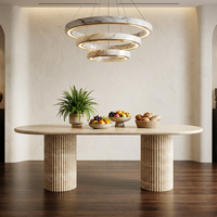 Table à manger en marbre HZX, design moderne ovale en pierre naturelle, pieds ronds cannelés, table à manger en travertin super blanc