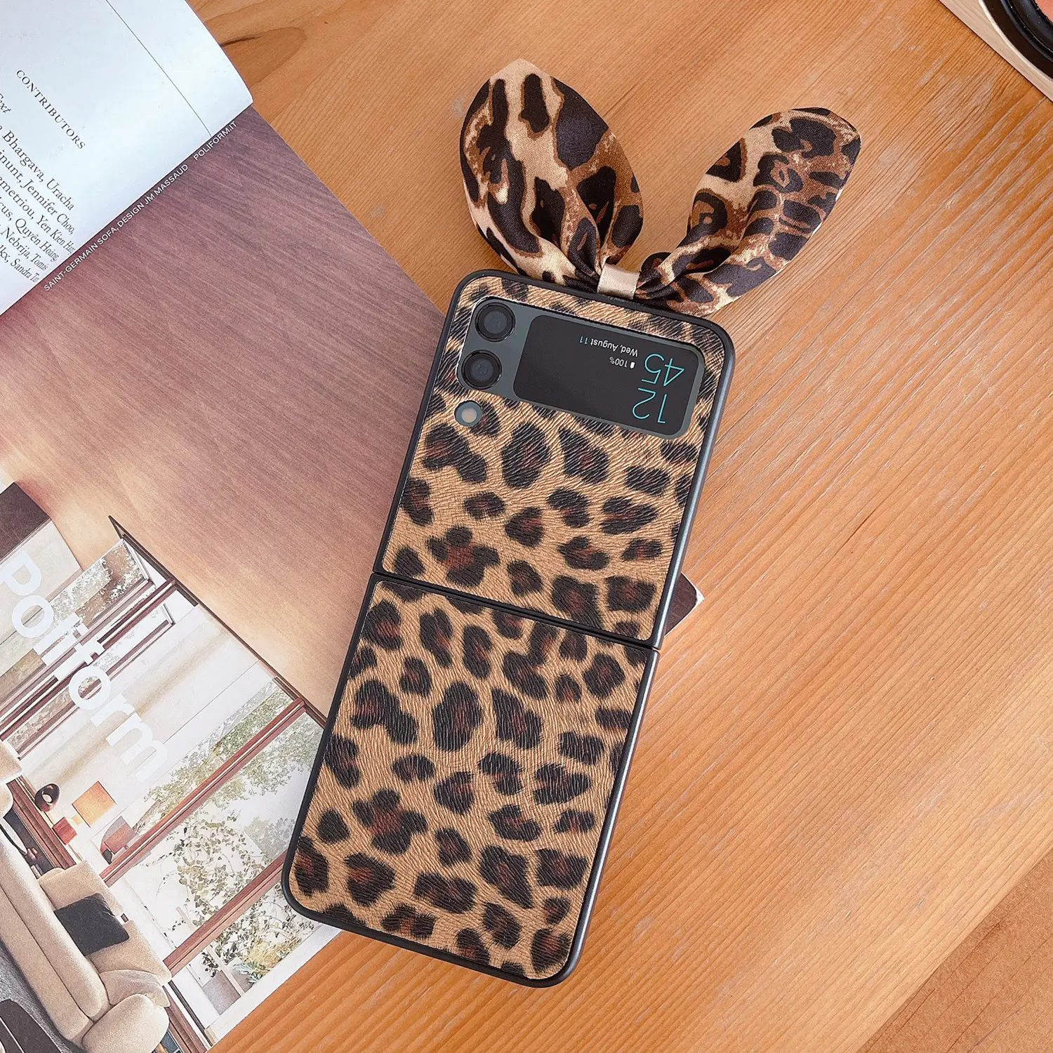 De las mujeres de la moda femenino lindo caso de teléfono para samsung galaxy z flip 3 Caso bowknot leopardo Impresión de cuero de la pu de la caja del teléfono