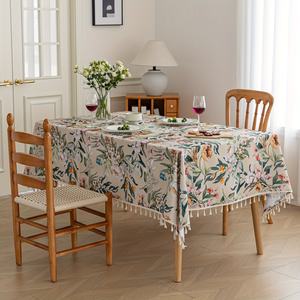 Mantel Elegante de Estilo Bohemio, Color Beige Floral, 100% Poliéster, con Borlas, Técnica de Tejido, Impermeable, Lavable, Duradero, para Uso Diario - Product Image 1