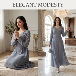 Robe de cérémonie musulmane de style premium gris-bleu en mousseline thermocollée à manches longues avec ceinture pour une présentation élégante en boutique - Product Image 5