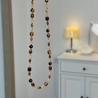 Collier ras du cou punk en acier inoxydable avec perles en pierre naturelle et placage doré pour anniversaire - Unisexe