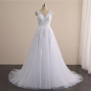 Wedding Dress V-Neck Sleeveless Princess Ball Gown Tulle Floor Length Backless Long Robe White - Product Image 4