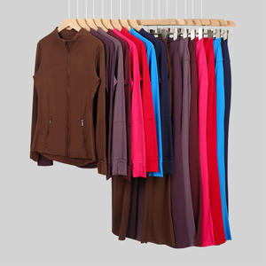 Ensemble de vêtements de yoga pour femmes <span class=keywords><strong>LULU</strong></span>, 2 pièces, motif uni, veste de jogging avec pantalon évasé, fermeture élastique à la taille, tenue de fitness d'automne - Product Image 5