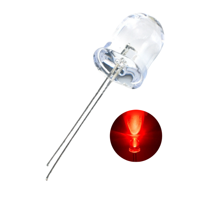 10mm Ultra Bright Red LED Diode 620-630nm 18000-20000mcd 0.2W Round Clear Lens F10 Through-Hole 2.0-2.2V 20mA
