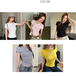 RUICHI T-shirt Corta da Donna Estiva 230GSM Pre-ristretta a Costine con Girocollo, Top a Maniche Corte Slim Fit con Vita Arricciata Effetto Snellente - Product Image 6