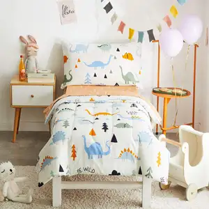 4 Piece Cotton Toddler Bedding Set for Kids Dinosaur Theme Reversible Design Include comforter fitted n flat sheet pillowcase