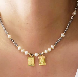Collar de Perlas de Agua Dulce y Cobre Hecho a Mano, Escapularios con Cruz de San Benito, Estilo Bohemio, con Cuentas, Joyería para Mamá - Product Image 1