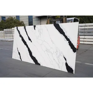 Factory Direct Golden And White Ribbon Pattern Artificial Quartz Big Slab For Kitchen Decor