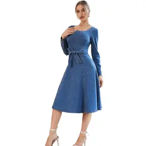 Fashion Custom ized Solid Hellblau Full Sleeve A-Linie Jeans kleid mit quadratischem Hals und Gürtel