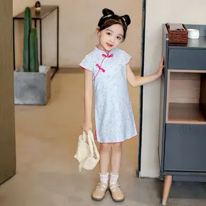 Chinese Kid Child Flower Cheongsam Dress girls Qipao Clothes pavone senza maniche Slim tradizionale Dress