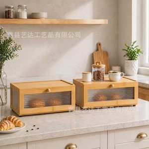 Boîte de rangement à pain en bambou à double couche avec couvercle rabattable, organisateur de cuisine et de boulangerie avec panneau en verre pour la présentation de pains et pâtisseries frais - Product Image 3