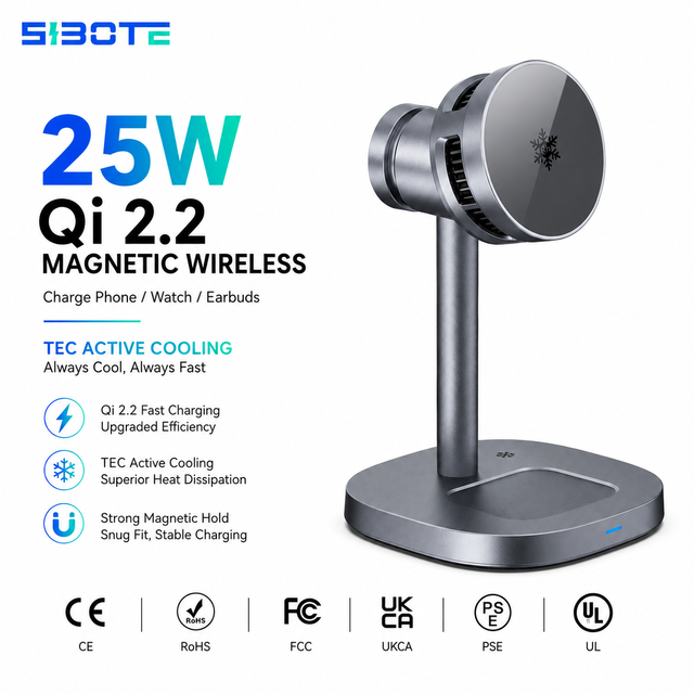 25W QI2.2 Magnetic 3 in 1 Wireless Charger with TEC Cooling Charging Stand