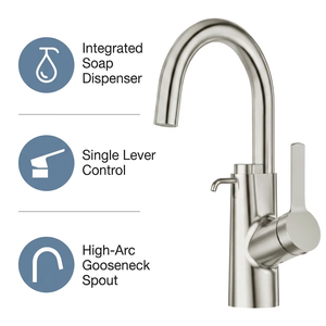 Bathroom Basin Faucet with Soap Dispenser Single Handle Brass High Arc Deck Mount Modern Mixer <strong>Tap</strong> - Product Image 1