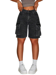 OEM/ODM Pantalones Cortos Cargo de Mezclilla Negra Lavada Estilo Vintage para <span class=keywords><strong>Mujer</strong></span>, de Cintura Alta, Estilo Urbano, <span class=keywords><strong>Bermuda</strong></span> Casual, Utilitarios, Transpirables, Ecológicos, Tallas Grandes - Product Image 1
